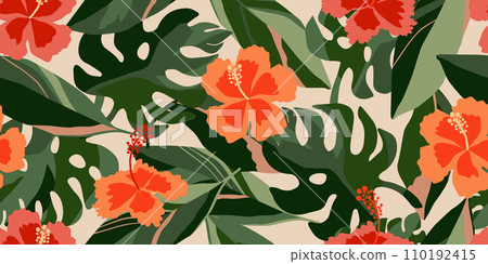 Hand drawn tropical flowers, seamless patterns with floral for fabric, textiles, clothing, wrapping paper, cover, banner, interior decor, abstract backgrounds. vector illustration. 110192415