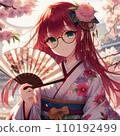 櫻花樹下穿著和服的女人 110192499