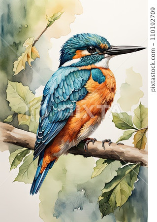 Blue kingfisher perching on a branch in nature. 110192709