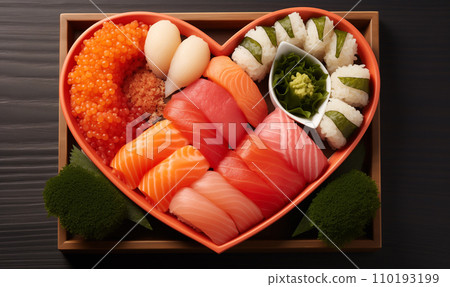 AI-generated content. Heart shaped sushi plate of many types of sushi with copy space AI-generated content. Heart shaped sushi plate of many types of sushi with copy space 110193199