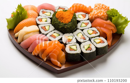 AI-generated content. Heart shaped sushi plate of many types of sushi with copy space 110193200