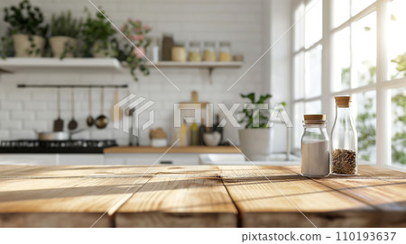 Modern White Kitchen Countertop, Empty Space, Minimalistic Design 110193637