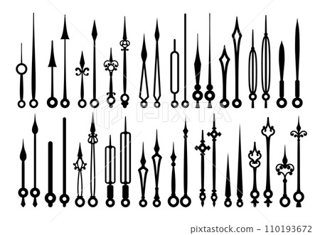 Vintage clock hands, old watch arrows or time pointers. Vintage clockwork minute hand or arm monochrome icon, classic hand watch pointer second or antique clock hour isolated vector arrows set Vintage clock hands, old watch arrows or time pointers. Vintage clockwork minute hand or arm monochrome icon, classic hand watch pointer second or antique clock hour isolated vector arrows set 110193672