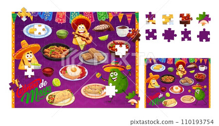 Mexican cuisine jigsaw puzzle game pieces. Form find puzzle quiz, shape match game vector worksheet with Tex Mex nacho chips, avocado, burrito, enchilada ad tamale, huevos rancheros, fajitas meals 110193754