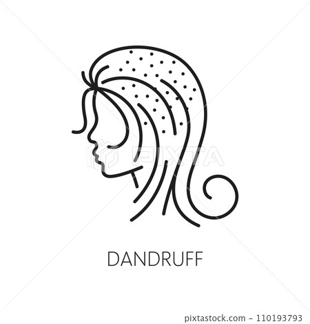 Dandruff, hair care and treatment icon, features female profile with long hair and small flakes on scalp, symbolizing irritating skin condition. Isolated outline for beauty care services and products Dandruff, hair care and treatment icon, features female profile with long hair and small flakes on scalp, symbolizing irritating skin condition. Isolated outline for beauty care services and products 110193793