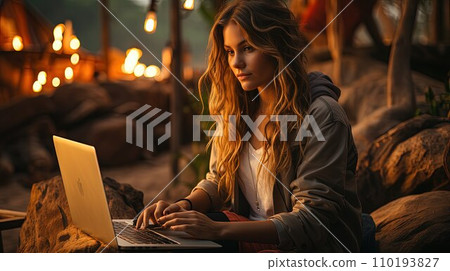 Digital Nomad Bliss Crafting a Coastal Workspace with a Laptop by the Ocean 110193827