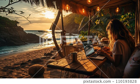Beachside Efficiency Remote Work Redefined with a Laptop on the Sandy Shore Beachside Efficiency Remote Work Redefined with a Laptop on the Sandy Shore 110193828