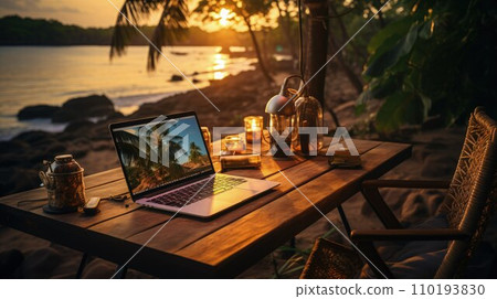 Waves and Work Achieving Remote Excellence with a Laptop by the Seaside Office Waves and Work Achieving Remote Excellence with a Laptop by the Seaside Office 110193830