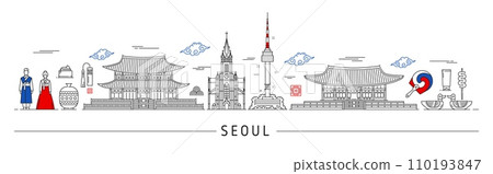 Seoul silhouette, Korean travel landmarks and city skyline in vector line. South Korea travel and Seoul panorama buildings, architecture cityscape, people in traditional costumes and Korean landmarks 110193847