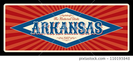 Arkansas state retro plate, US signboard, old road sing, vintage signboard or signpost. The natural state inscription, vintage typography and frame vector. Little Rock capital, Pulaski city Arkansas state retro plate, US signboard, old road sing, vintage signboard or signpost. The natural state inscription, vintage typography and frame vector. Little Rock capital, Pulaski city 110193848