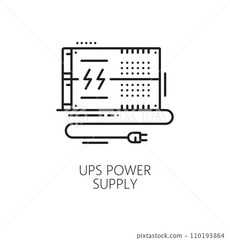 UPS power supply icon, computer PC hardware unit, vector line symbol. UPS power supply for computer and electronic devices, linear pictogram for electric power source or battery backup equipment 110193864
