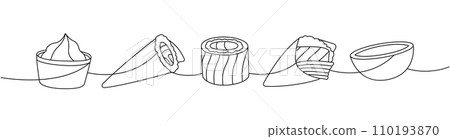 Sushi rolls. Japanese cuisine, traditional food one line drawing. Sake hand roll, sake temaki, philadelphia sushi, soy bowl, vasabi. 110193870
