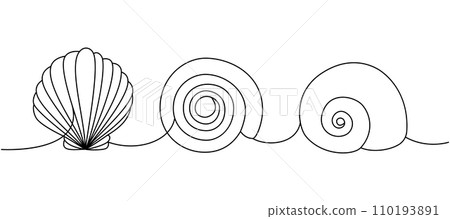 Scallop sea shells. Sea shells, mollusks, scallop, pearls. Tropical underwater shells continuous one line illustration. Vector minimalist illustration Scallop sea shells. Sea shells, mollusks, scallop, pearls. Tropical underwater shells continuous one line illustration. Vector minimalist illustration 110193891