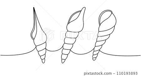 Sea shells. Sea shells, mollusks, scallop, pearls. Tropical underwater shells continuous one line illustration. Vector minimalist linear illustration. Sea shells. Sea shells, mollusks, scallop, pearls. Tropical underwater shells continuous one line illustration. Vector minimalist linear illustration. 110193893