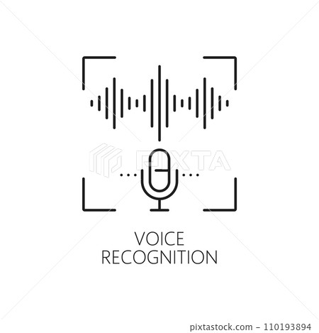 Voice recognition biometric identification and verification icon. Secure access digital technology, identity verification or biometric recognition line vector symbol with microphone and sound waves Voice recognition biometric identification and verification icon. Secure access digital technology, identity verification or biometric recognition line vector symbol with microphone and sound waves 110193894