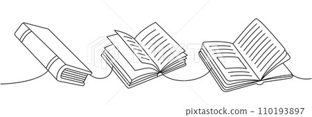 Opened and closed books. Back to school one line continuous drawing. School accessories continuous one line illustration. 110193897