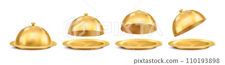 Golden dish tray. Luxury restaurant golden dishware, cooking equipment, and cafe waiter 3d realistic bronze or gold metal dome platters or dish trays mockups with closed and open lid 110193898