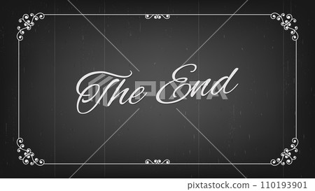 Vintage border of silent movie cinema, film end screen with floral frame, vector background. Hollywood cinema and retro movie theater The End screen with grunge scratches and flourish frame on screen 110193901