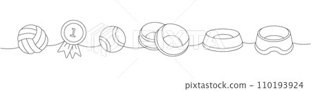 Set of pet supplies. Dog ball toy, first place medal, tennis ball, pet bowl, dog bowl continuous one line illustration. Vector linear illustration. Set of pet supplies. Dog ball toy, first place medal, tennis ball, pet bowl, dog bowl continuous one line illustration. Vector linear illustration. 110193924
