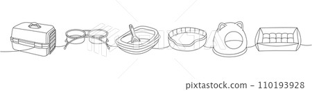 Pet supplies. Carrying case, dogs bowl, pet toilet, cat litter box, pets bed, cushion pillow sleep, dog house continuous one line illustration. Pet supplies. Carrying case, dogs bowl, pet toilet, cat litter box, pets bed, cushion pillow sleep, dog house continuous one line illustration. 110193928