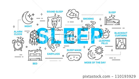 Sleeping infographics of healthy sleep and bedtime with vector outline icons. Sleeping and body rest thin line tips for earplugs, sleep mask or blackout curtains and alarm clock, snoring and snoozing 110193929