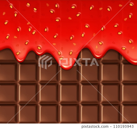 Realistic melt strawberry jam on chocolate bar background. Sweet dessert with natural berry jam 3d vector backdrop or wallpaper. Liquid strawberry glaze or syrup flowing down on chocolate bar 110193943