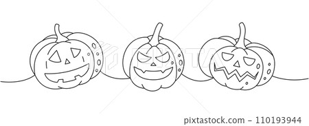 Pumpkins scary faces set. Autumn halloween pumpkins faces one line continuous drawing. Autumn halloween vegetables continuous one line illustration. Pumpkins scary faces set. Autumn halloween pumpkins faces one line continuous drawing. Autumn halloween vegetables continuous one line illustration. 110193944