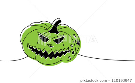 Autumn halloween pumpkin face, vegetable one line colored continuous drawing. Halloween pumpkin with scary face continuous one line illustration. Autumn halloween pumpkin face, vegetable one line colored continuous drawing. Halloween pumpkin with scary face continuous one line illustration. 110193947