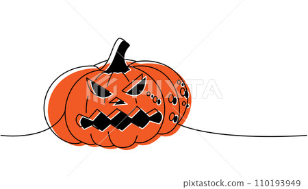 Halloween pumpkin with scary face, vegetable one line colored continuous drawing. Halloween pumpkin scary face continuous one line illustration. Halloween pumpkin with scary face, vegetable one line colored continuous drawing. Halloween pumpkin scary face continuous one line illustration. 110193949