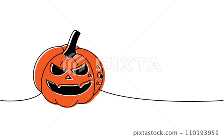 Autumn halloween pumpkin face, vegetable one line colored continuous drawing. Halloween scary pumpkin continuous one line illustration. Autumn halloween pumpkin face, vegetable one line colored continuous drawing. Halloween scary pumpkin continuous one line illustration. 110193951