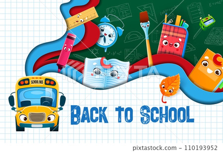 Back to school paper cut banner with funny stationery and bus characters. Vector background with cute cartoon notebook, alarm clock, ruler and paintbrush, felt-tip pen, sharpener, pencil case and leaf Back to school paper cut banner with funny stationery and bus characters. Vector background with cute cartoon notebook, alarm clock, ruler and paintbrush, felt-tip pen, sharpener, pencil case and leaf 110193952