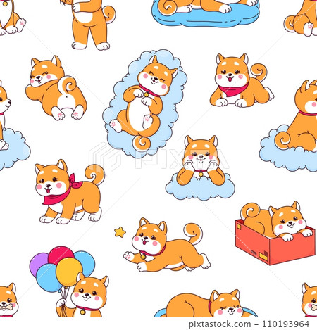Cartoon kawaii Shiba Inu dog and puppy seamless pattern, vector background. Funny cute Shiba Inu dog pet playing with bone or star, sleeping on cloud bed or snoozing on pillow for kids pattern 110193964