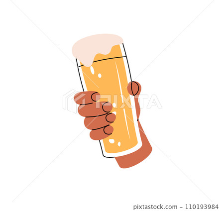 Hand holding a beer glass. Beer pub product. Brewing process, brewery factory production element. Vector illustration. 110193984