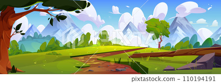 Winding path in meadows leading to mountains 110194191