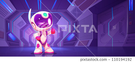 Cute robot astronaut standing in space ship hall 110194192