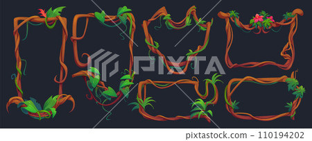 Frame and border made of liana branch with leaves. 110194202