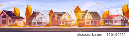 Suburban autumn landscape with orange trees 110194231