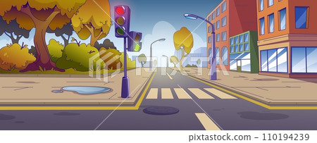 Autumn city street with road crossing and park Autumn city street with road crossing and park 110194239