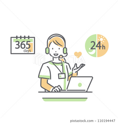 Welfare service operator who provides support 24 hours a day, 365 days a year. Simple and stylish line drawing illustration. Welfare service operator who provides support 24 hours a day, 365 days a year. Simple and stylish line drawing illustration. 110194447