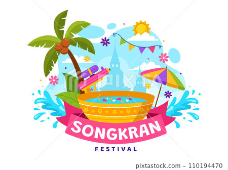 Happy Songkran Festival Day Vector Illustration with Kids Playing Water Gun in Thailand Celebration in National Holiday Flat Cartoon Background 110194470