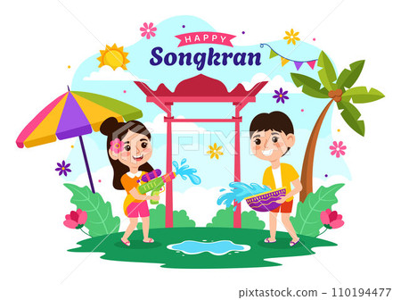 Happy Songkran Festival Day Vector Illustration with Kids Playing Water Gun in Thailand Celebration in National Holiday Flat Cartoon Background 110194477