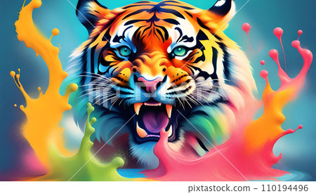 Tiger with colorful paint splashes on blue background. Vector illustration. Generative AI 110194496