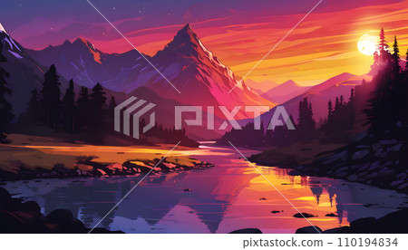 Beautiful mountain landscape with a lake and mountains at sunset. Generative AI 110194834
