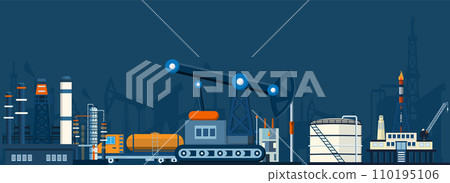 Oil and Gas production industry process, Outbuildings, Petroleum product, Oil storage tank and Extraction. Poster Brochure Flyer Design, Vector Illustration eps10 110195106