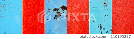 Red and blue metal surface with spots creating textured wall background, collage 110195227
