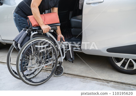 Asian disability woman on wheelchair getting in her car, Accessibility concept. 110195620