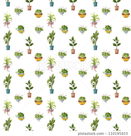 Seamless pattern. Houseplant plant growing in pots. Set of handmade home plants isolated on white background. Cartoon flat illustration. 110195833
