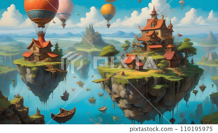 Fantasy landscape with hot air balloons flying over the lake. 3d illustration. Generative AI 110195975