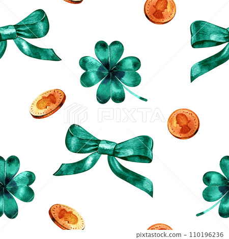 Cute seamless pattern with clover, ribbons and coins for print, fabric, postcard. Decoration for Irish holiday and Patrick Day. Digital watercolor illustration Cute seamless pattern with clover, ribbons and coins for print, fabric, postcard. Decoration for Irish holiday and Patrick Day. Digital watercolor illustration 110196236