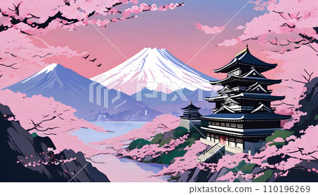 Mt. Fuji and cherry blossom in Japan, vector illustration. Generative AI 110196269